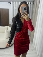 My 3325 Kırmızı Payetli Kadife Elbise