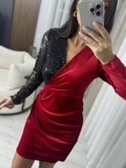 My 3325 Kırmızı Payetli Kadife Elbise