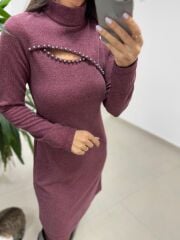 Mc 5107 Pencere Detaylı Bordo Elbise