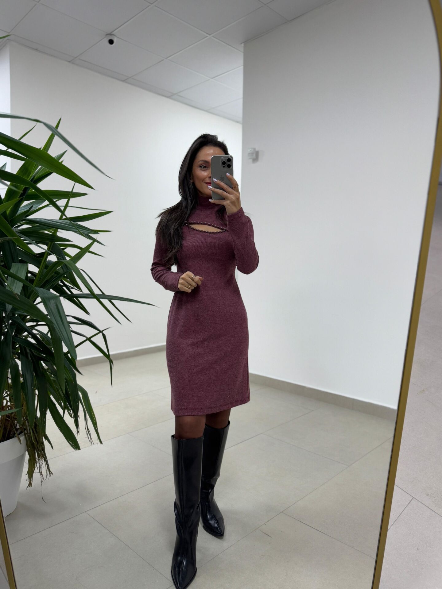 Mc 5107 Pencere Detaylı Bordo Elbise