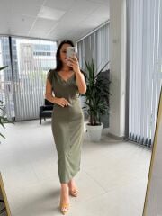 My 3746 Haki Omuz Gold Tokalı V Yaka Elbise