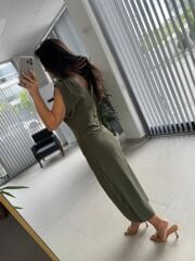 My 3746 Haki Omuz Gold Tokalı V Yaka Elbise