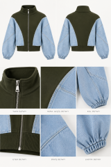 TİS 1071 Haki Blok Renkli Denim & Sweatshirt Ceket İkili Takım