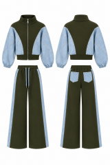 TİS 1071 Haki Blok Renkli Denim & Sweatshirt Ceket İkili Takım