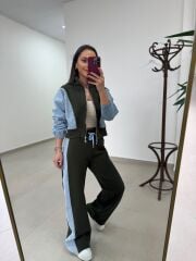 TİS 1071 Haki Blok Renkli Denim & Sweatshirt Ceket İkili Takım