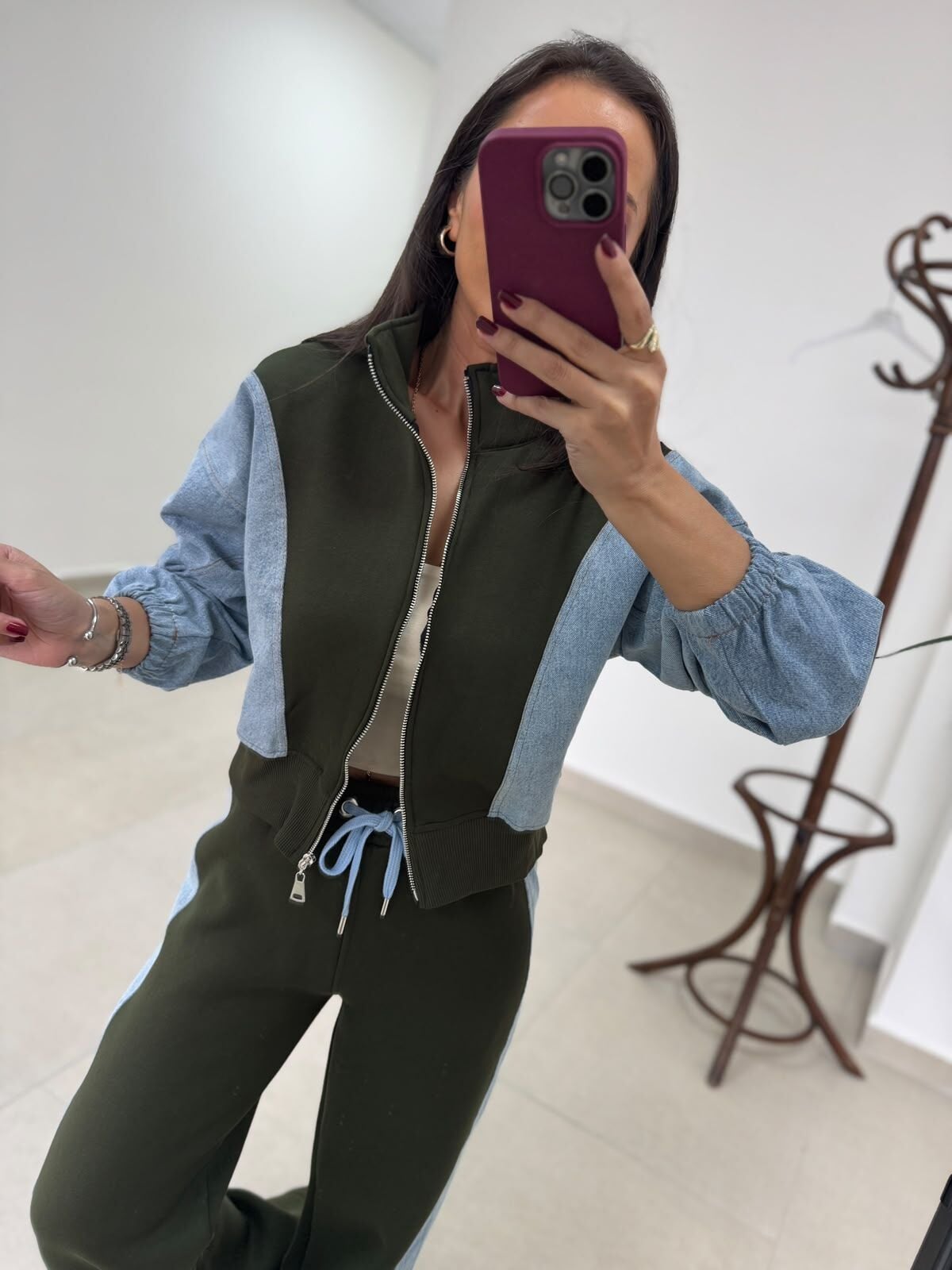 TİS 1071 Haki Blok Renkli Denim & Sweatshirt Ceket İkili Takım