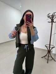 TİS 1071 Haki Blok Renkli Denim & Sweatshirt Ceket İkili Takım