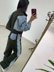 TİS 1071 Haki Blok Renkli Denim & Sweatshirt Ceket İkili Takım