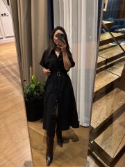 Rn 35446 Siyah Keten Gömlek Elbise