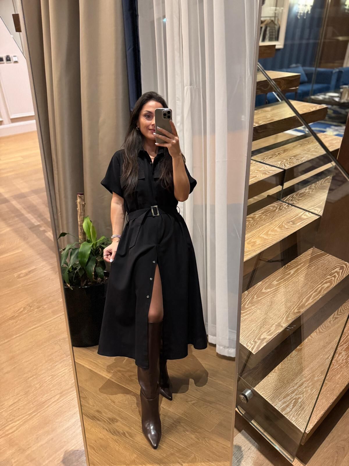 Rn 35446 Siyah Keten Gömlek Elbise