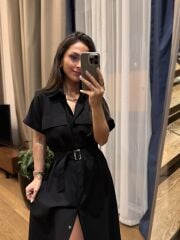 Rn 35446 Siyah Keten Gömlek Elbise