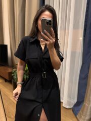 Rn 35446 Siyah Keten Gömlek Elbise