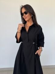 Dr 8258 Tasarım Bel Büzgülü Siyah Elbise