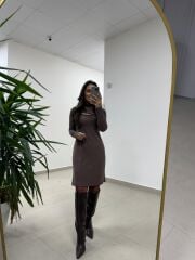 Mc 5107 Pencere Detaylı Kahve Elbise