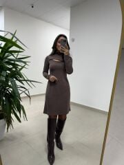 Mc 5107 Pencere Detaylı Kahve Elbise