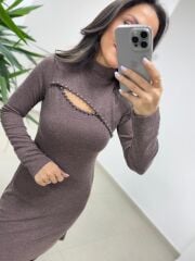 Mc 5107 Pencere Detaylı Kahve Elbise