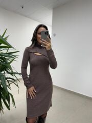 Mc 5107 Pencere Detaylı Kahve Elbise