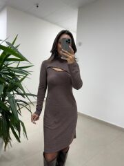 Mc 5107 Pencere Detaylı Kahve Elbise