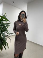 Mc 5107 Pencere Detaylı Kahve Elbise