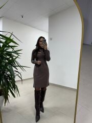 Mc 5107 Pencere Detaylı Kahve Elbise