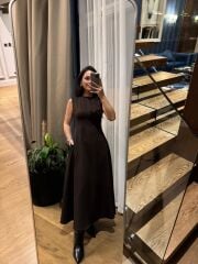 Ms 248 Double Crep Kolsuz Kahve Elbise