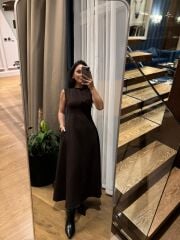 Ms 248 Double Crep Kolsuz Kahve Elbise