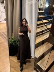 Ms 248 Double Crep Kolsuz Kahve Elbise