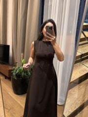 Ms 248 Double Crep Kolsuz Kahve Elbise