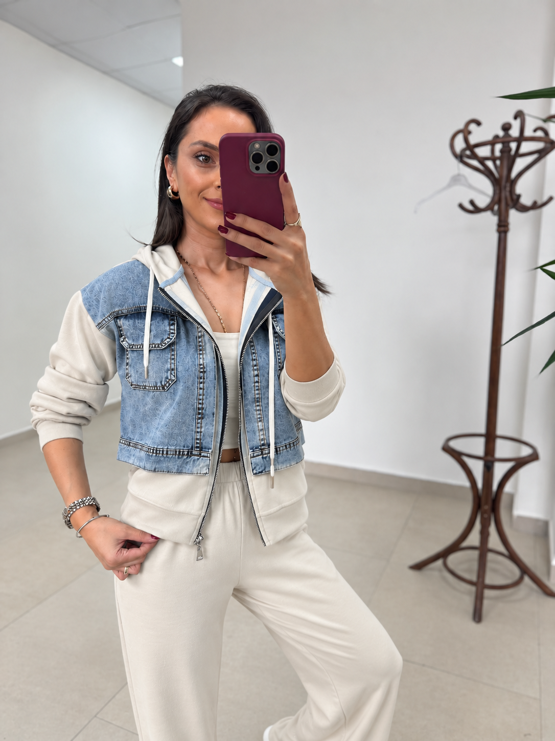 TİS 1042 Krem-Denim Detaylı Kapüşonlu Sweat Takım