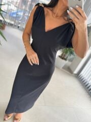 My 3746 Siyah Omuz Gold Tokalı V Yaka Elbise