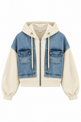 TİS 1042 Krem-Denim Detaylı Kapüşonlu Sweat Takım