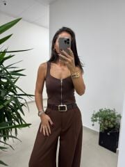 Dv 31978 Kahve Askılı Fermuarlı Bluz