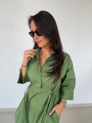 Dr 8258 Tasarım Bel Büzgülü Yeşil Elbise