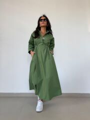 Dr 8258 Tasarım Bel Büzgülü Yeşil Elbise