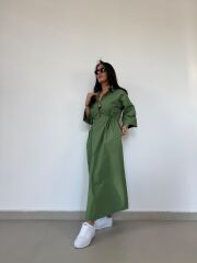 Dr 8258 Tasarım Bel Büzgülü Yeşil Elbise