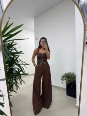 Dv 31978 Kahve Askılı Fermuarlı Bluz