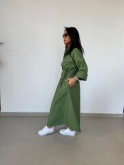 Dr 8258 Tasarım Bel Büzgülü Yeşil Elbise