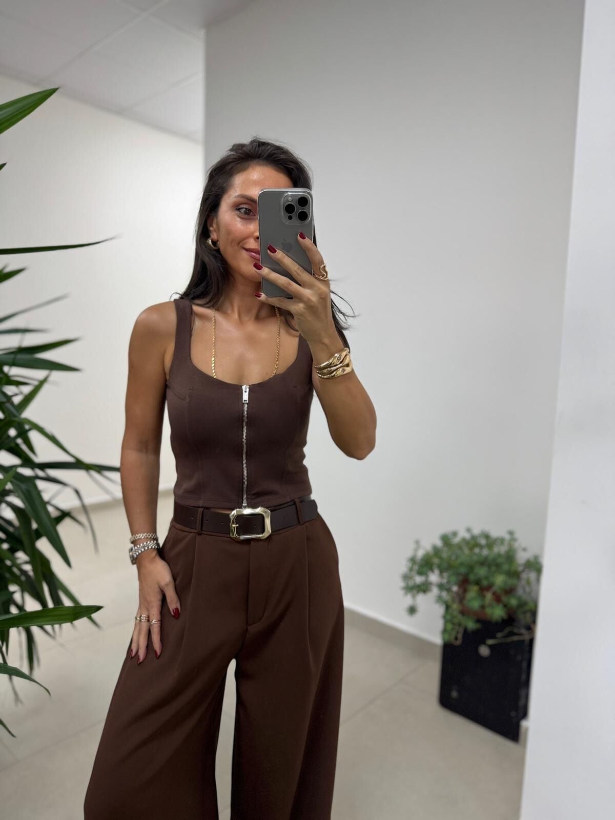 Dv 31978 Kahve Askılı Fermuarlı Bluz