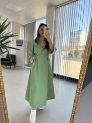 Dr 8258 Tasarım Bel Büzgülü Yeşil Elbise