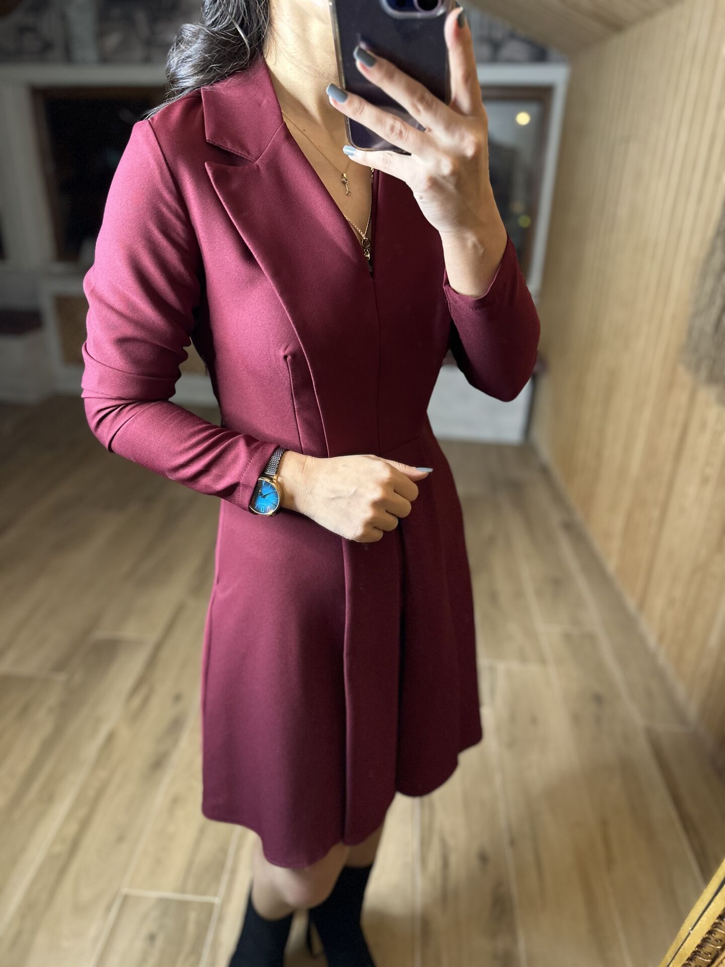 Ms Ceket yaka bordo elbise