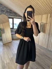 Floş keten siyah kare yaka