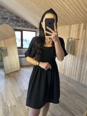 Floş keten siyah kare yaka