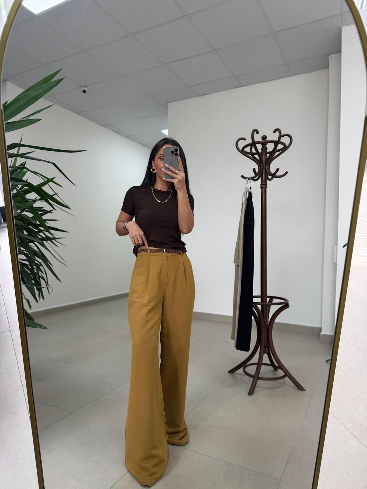 Fp 51150 Pamuk Keten Hasır Kemerli Hardal Palazzo Pantolon