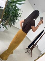 Fp 51150 Pamuk Keten Hasır Kemerli Hardal Palazzo Pantolon