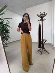 Fp 51150 Pamuk Keten Hasır Kemerli Hardal Palazzo Pantolon