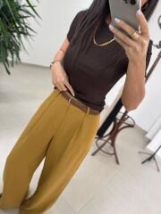 Fp 51150 Pamuk Keten Hasır Kemerli Hardal Palazzo Pantolon