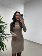 Mc 5107 Pencere Detaylı Camel Elbise