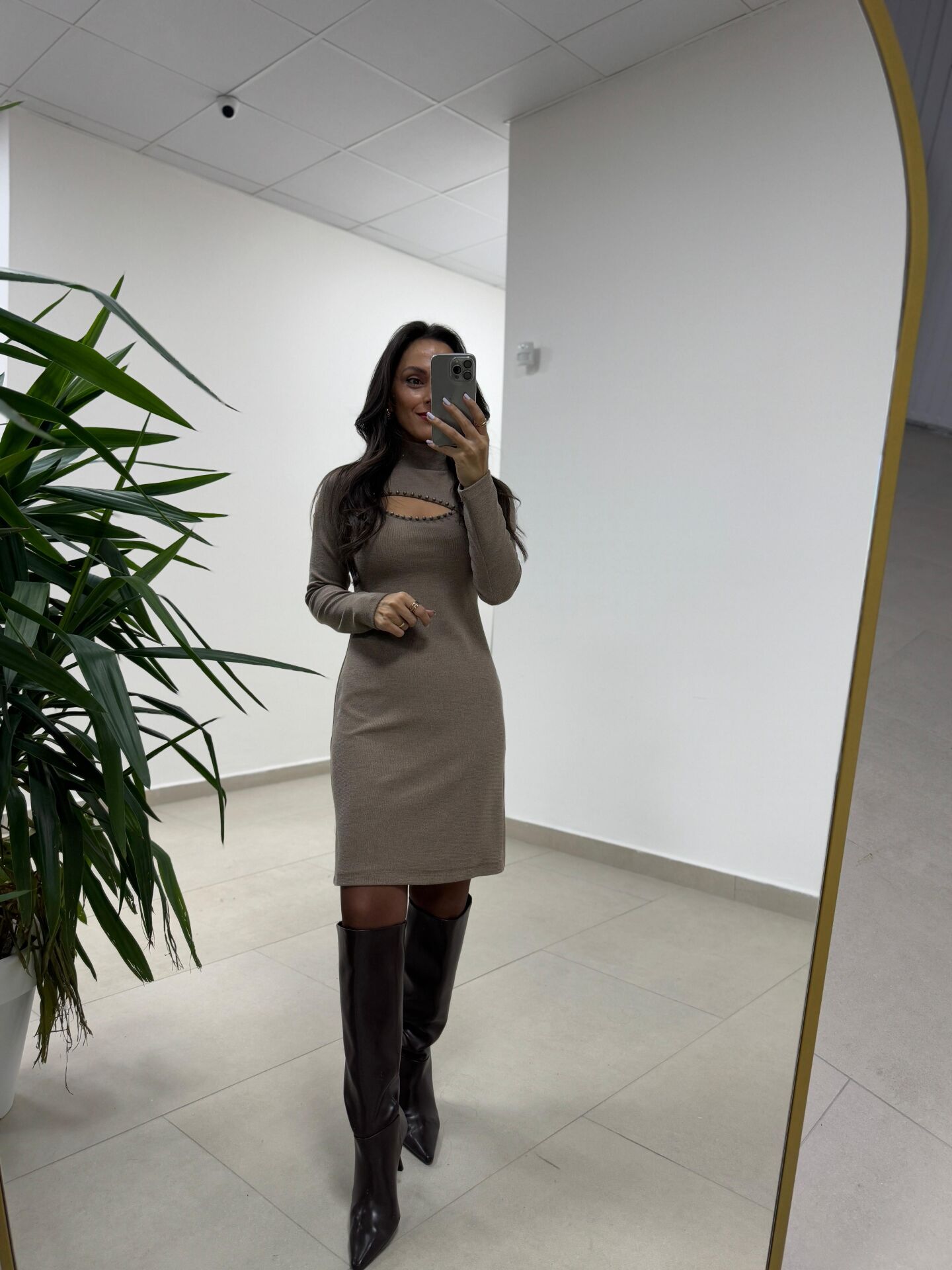 Mc 5107 Pencere Detaylı Camel Elbise