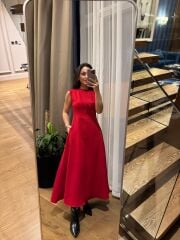 Ms 248 Double Crep Kolsuz Kırmızı Elbise