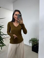 Dv 10427 Yağ Yeşili V Yaka Kol Yırtmaçlı Triko Kazak